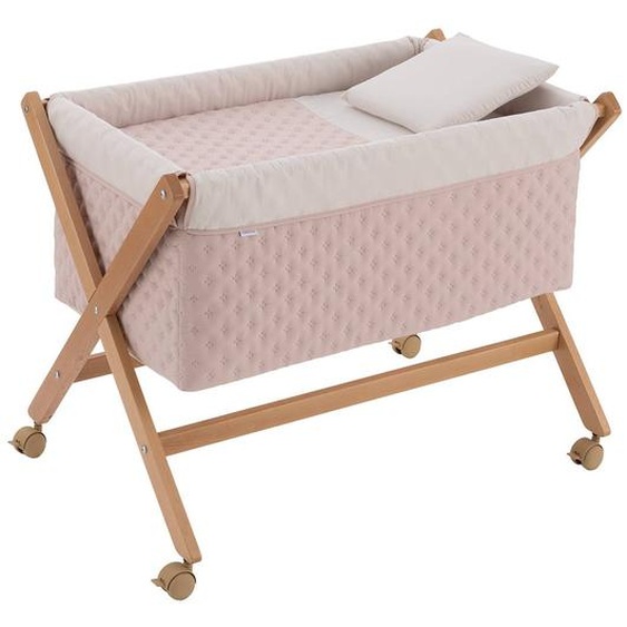 Berceau À Pieds Croisés En Bois De Hêtre Avec Roulettes Et Matelas Beige / Rose