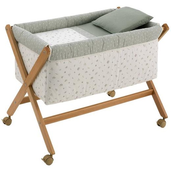 Berceau À Pieds Croisés En Bois De Hêtre Avec Roulettes Et Matelas Beige / Vert / Blanc À Motifs