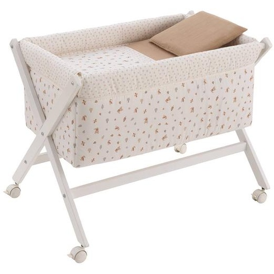 Berceau À Pieds Croisés En Bois De Hêtre Avec Roulettes Et Matelas Blanc / Beige