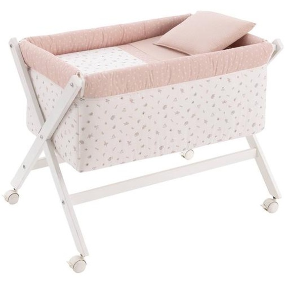 Berceau À Pieds Croisés En Bois De Hêtre Avec Roulettes Et Matelas Blanc / Rose À Motifs