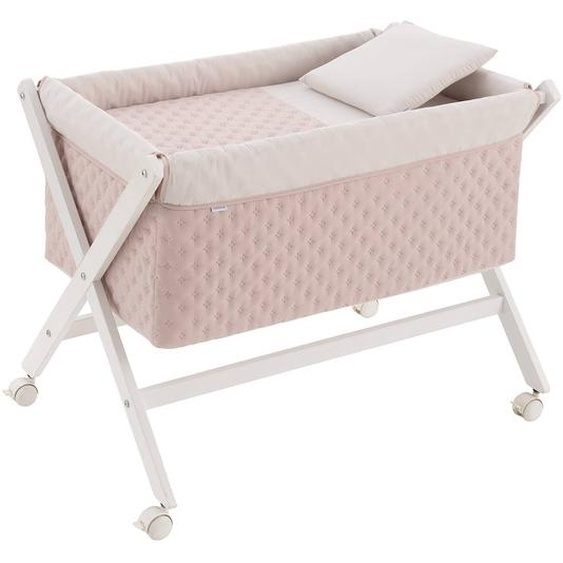 Berceau À Pieds Croisés En Bois De Hêtre Avec Roulettes Et Matelas Blanc / Rose