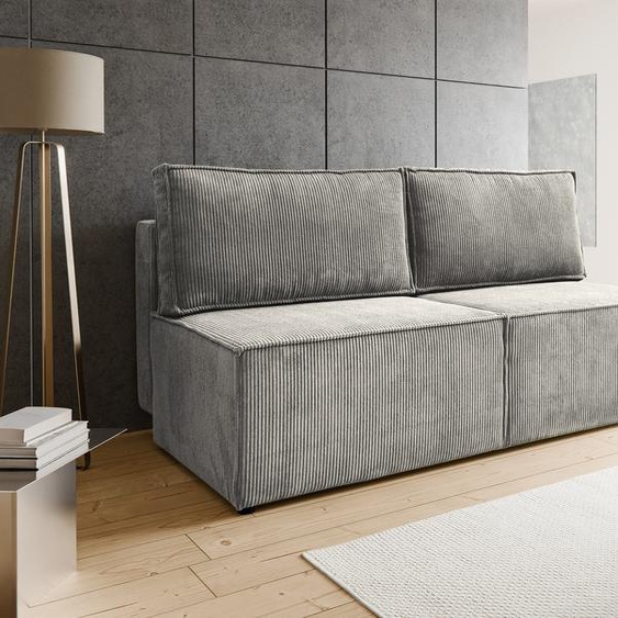 BESILIO Canapé-lit deux places 192 cm Flabia - Canapé avec fonction sommeil et coffre de lit, tissu velours côtelé - gris clair & Poso 110