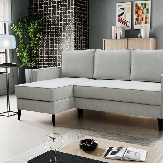 BESILIO Canapé-lit trois places 227 cm Kebbo - Canapé dangle avec fonction couchage et rangement pour la literie, Tissu souple - gris clair & Curio 80, Gauche