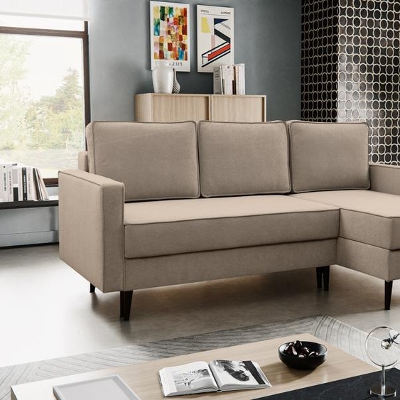 BESILIO Canapé-lit trois places 227 cm Kebbo - Canapé-lit avec fonction de couchage et rangement pour la literie, Tissu souple - beige & Curio 11, Droite