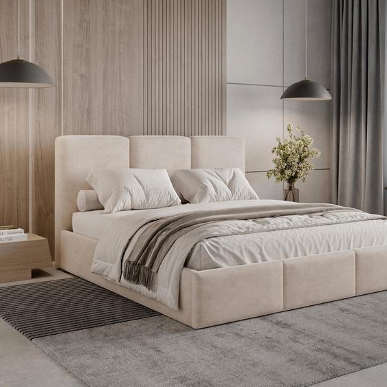 BESILIO Lit rembourré avec espace de rangement 140x200 Elora - lit élancé avec tête de lit décorative et cadre métallique - beige