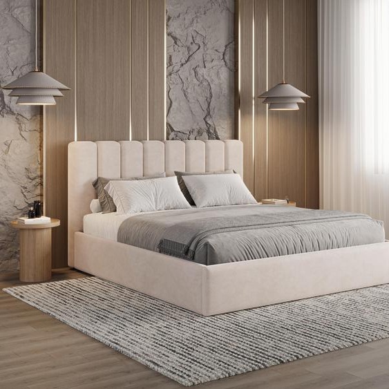BESILIO Lit rembourré avec espace de rangement 200x200 Nuvia - lit élancé avec tête de lit douce et cadre métallique - beige