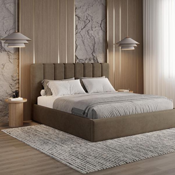 BESILIO Lit rembourré avec espace de rangement 200x200 Nuvia - lit élancé avec tête de lit douce et cadre métallique - marron