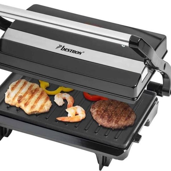 Bestron gril de contact électrique avec bac de récupération, appareil à sandwich avec poignée Cool-Touch, Paninimaker avec revêtement antiadhésif, 700 Watt, APM123Z, couleur : noir