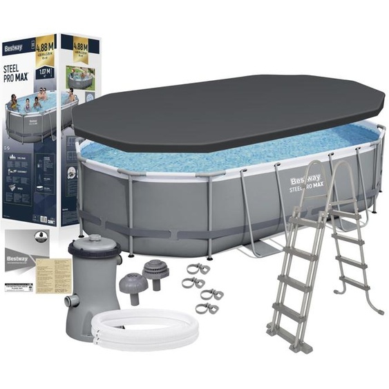 Bestway 56448 Steel Pro Max Kit piscine ovale 488 x 305 x 107 cm, piscine hors sol avec pompe filtrante, échelle de sécurité et bâche de protection