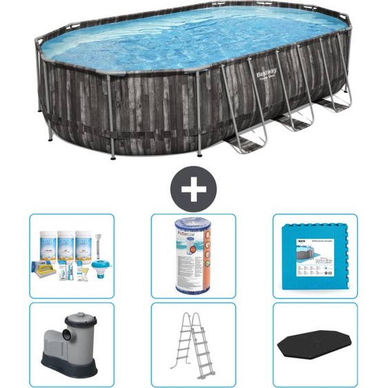 Bestway Oval Power Steel Swimming - 610 x 366 x 122 - Gris - pompe - échelle - couverture kit dentretien - filtre - carrelage de fond inclus