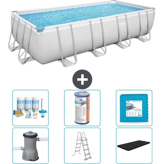 Bestway Piscine rectangulaire Power Steel - 488 x 244 x 122 - Gris, avec pompe - échelle - kit dentretien de la couverture - filtre - carrelage de fond