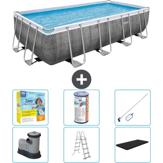 Bestway Piscine rectangulaire Power Steel - impression rotin - 549 x 274 x 122 - pompe - échelle - couverture kit dentretien - filtre - kit de nettoyage inclus