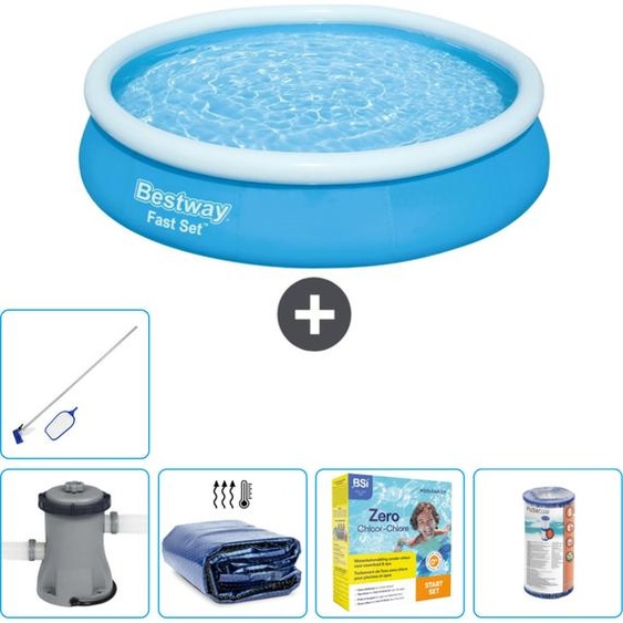 Bestway Piscine ronde gonflable Fast-Set - 366 x 76 cm - Bleue - pompe incluse Voile de soleil - kit dentretien - filtre - kit de nettoyage