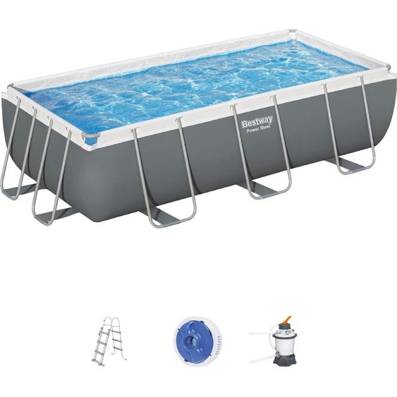 Bestway Power Steel Piscine à tuyaux rectangulaire 404x201x100 cm avec filtre à sable, échelle et distributeur de produits chimiques couleur grise