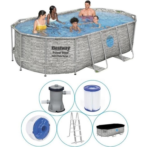 Bestway® Power Steel™ Swim Vista Series™ Kit piscine à cadre complet avec pompe de filtration 427 x 250 x 100 cm, aspect mur de pierre (gris crème), ovale