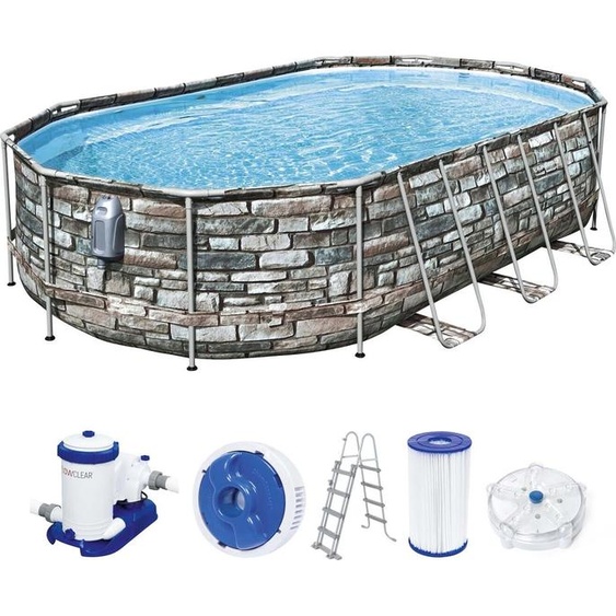 Bestway® Power Steel™ Comfort Jet Series™ Ensemble de piscine à cadre avec pompe de filtration 610 x 366 x 122 cm, aspect mur de pierre (pierre naturelle), ovale