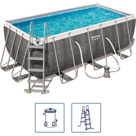 Bestway® Power Steel™ Kit piscine à cadre avec pompe de filtration 412 x 201 x 122 cm, aspect rotin (gris ardoise), rectangulaire