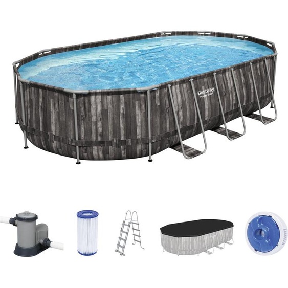 Bestway® Power Steel™ Kit piscine à cadre complet avec pompe de filtration 610 x 366 x 122 cm , aspect bois (chêne des marais), ovale