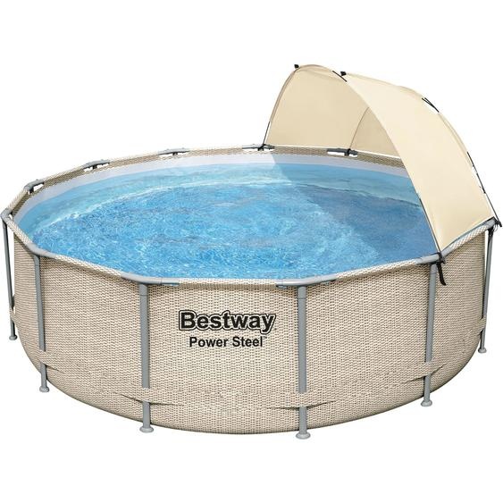 Bestway® Power Steel™ Kit piscine à cadre complet avec pompe de filtration Ø 396 x 107 cm , aspect rotin (écru), rond