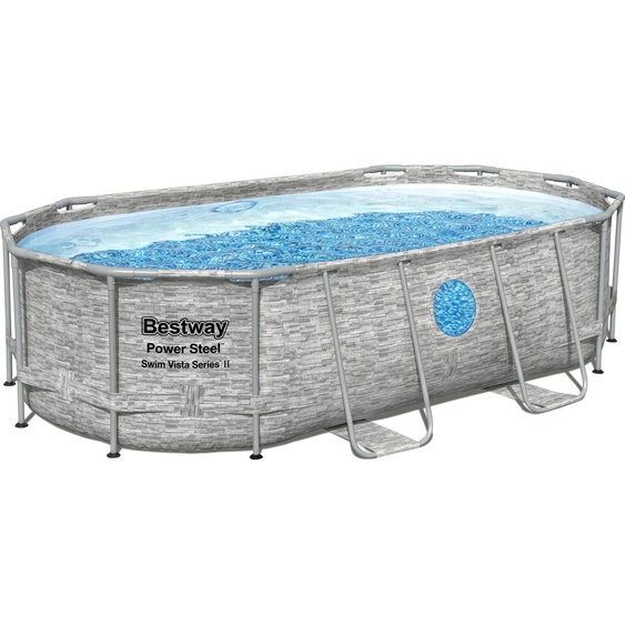 Bestway® Power Steel™ Swim Vista Series™ Kit piscine à cadre complet avec pompe de filtration 427 x 250 x 100 cm, aspect mur de pierre (gris crème), ovale