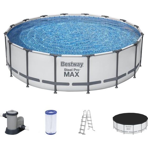 Bestway® Steel Pro MAX™ Kit piscine à cadre complet avec pompe de filtration Ø 488 x 122 cm , gris clair, rond