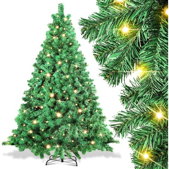 Bettizia Arbre de Noël artificiel 210cm avec éclairage LED 400 LED blanc chaud incl. pied métallique avec 1200 pointes Arbre de Noël Sapin PVC vert
