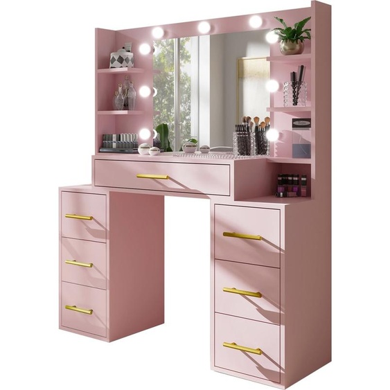 BETTSO Coiffeuse design STAR - Table de maquillage avec poignées dorées, miroir & éclairage Rose
