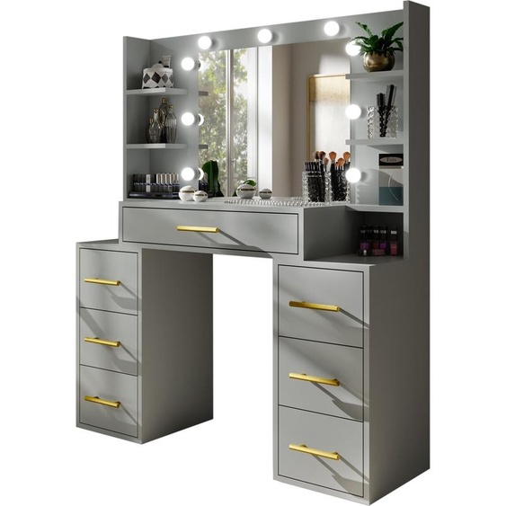 BETTSO Coiffeuse moderne avec 9 lampes LED & miroir - STAR Table de maquillage avec espace de rangement Gris