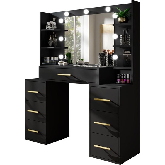 BETTSO Coiffeuse noir avec éclairage LED & miroir STAR - Table de maquillage avec tiroirs et étagères - style Hollywood