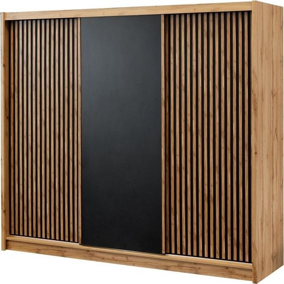 BETTSO NEVADA Armoire à trois portes avec lamelles, largeur 250 cm, finition chêne Wotan et noir