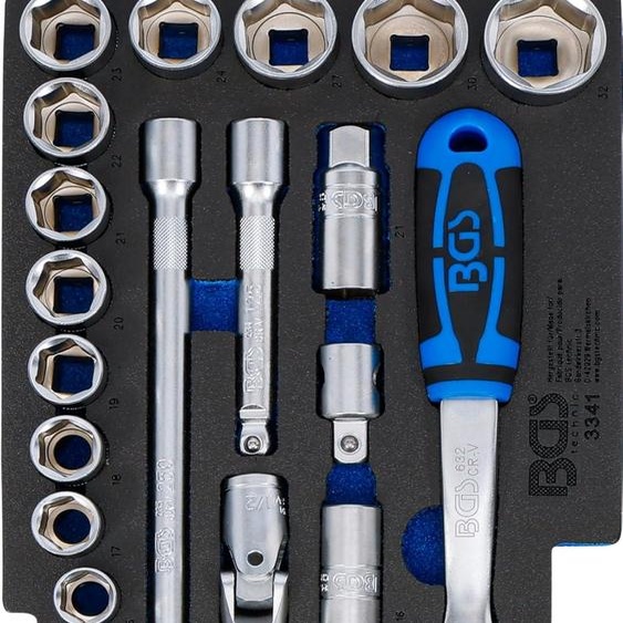 BGS Garniture en mousse pour art. 3312 : Jeu de clés à douille 12,5 mm (1/2) + 6,3 mm (1/4) 77pcs - 3341