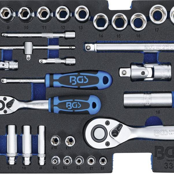 BGS Garniture en mousse pour art. 3312 : Jeu de clés à douille 12,5 mm (1/2 pouce) + 6,3 mm (1/4 pouce) 77 pièces