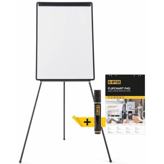 Bi-Office Chevalet de conférence surface non magnétique 70 x 100 cm - Cadre Noir - Marqueur + Bloc papier