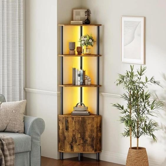 Bibliothèque dangle - Armoire/étagère - Éclairage LED - 5 étagères - Avec porte - Meuble de rangement - Structure métallique - Finition bois - Marron