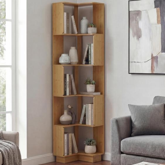 Bibliothèque dangle HWC-P53, étagère dangle, étagère de salon, 5 niveaux, MDF mélaminé, 175 x 40 x 40 cm ~ aspect bambou