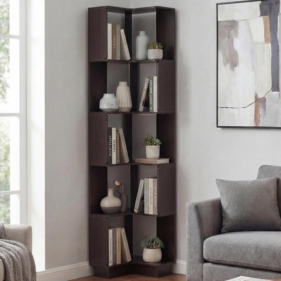 Bibliothèque dangle HWC-P53, étagère dangle, étagère de salon, 5 niveaux, MDF mélaminé, 175 x 40 x 40 cm ~ aspect noyer