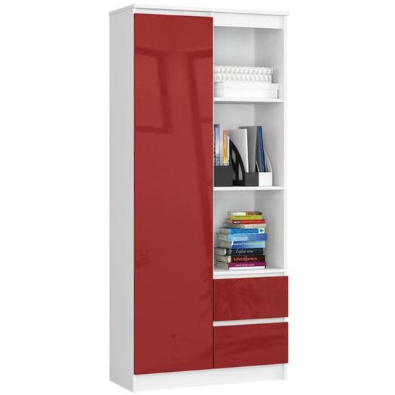 Bibliothèque de bureau AKORD - Étagère R11 blanche - 80x35x180 cm - 1 porte - 2 tiroirs - Rouge brillant