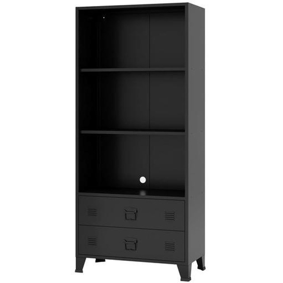 Bibliotheque design pour salon etagere style original haute avec 2 tiroirs acier 180 x 80 x 40 cm noir