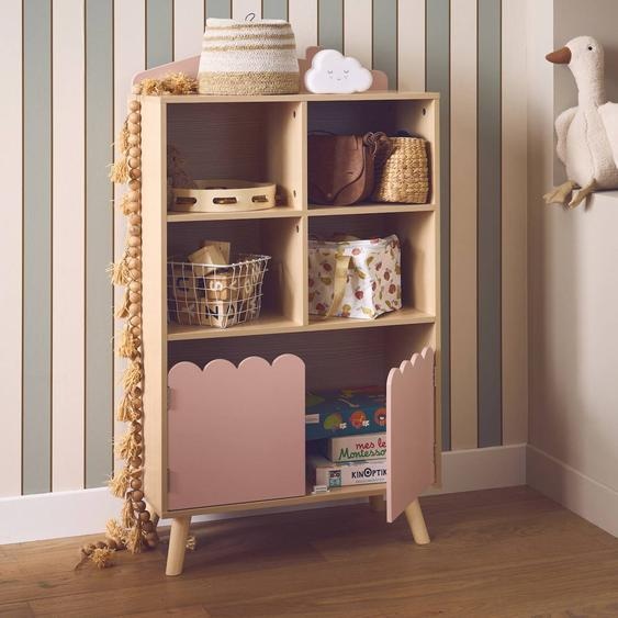 Bibliothèque Enfant Bois De Pin 2 Portes 4 Étagères Azur Rose