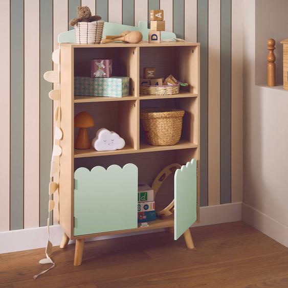 Bibliothèque Enfant Bois De Pin 2 Portes 4 Étagères Azur Vert