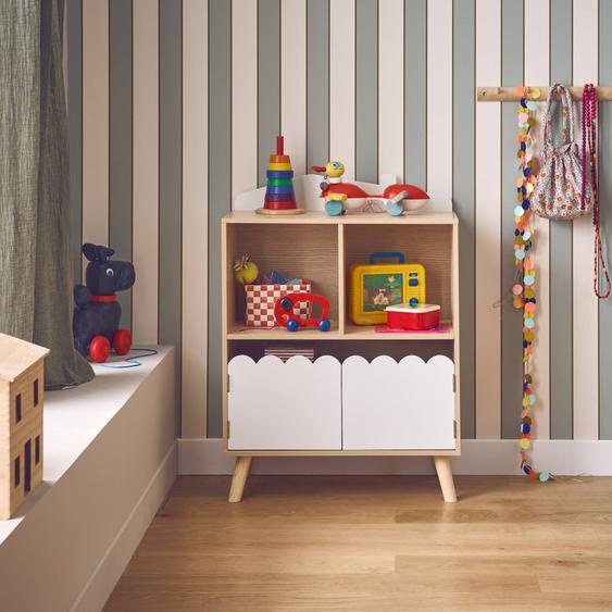 Bibliothèque Enfant Décor Bois 2 Étagères 2 Portes Azur Blanc