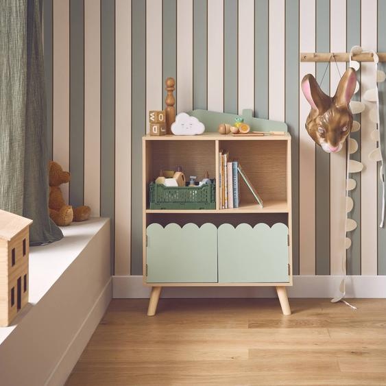 Bibliothèque Enfant Décor Bois 2 Étagères 2 Portes Azur Vert