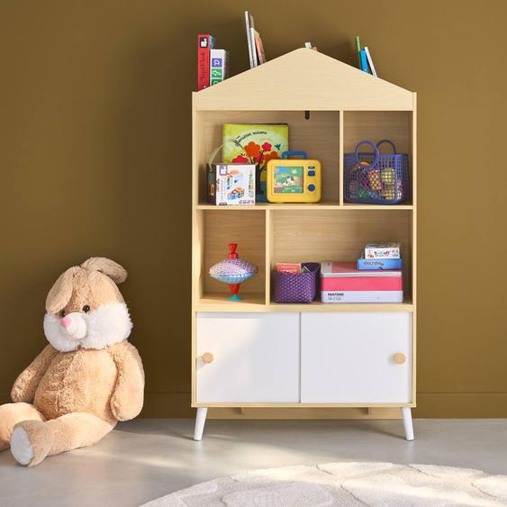 Bibliothèque Enfant Décor Bois 2 Portes 5 Étagères Edgar Blanc Et Naturel