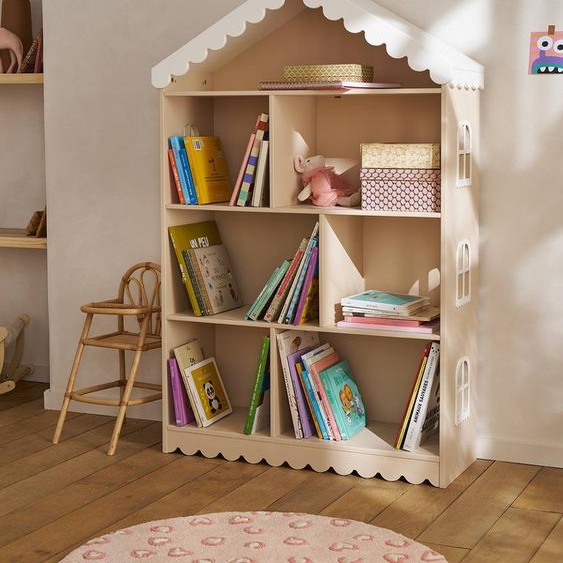 Bibliothèque enfant feston bois maison rose