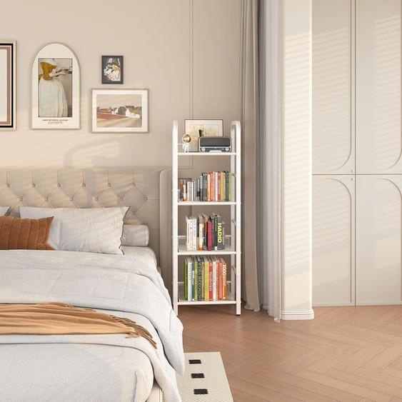 Bibliothèque, étagère de rangement à 4 niveaux, 8 crochets en S, cadre métallique, autonome, style minimaliste, organisateur pour salon, bureau à domicile, chambre, salle de bain, blanc