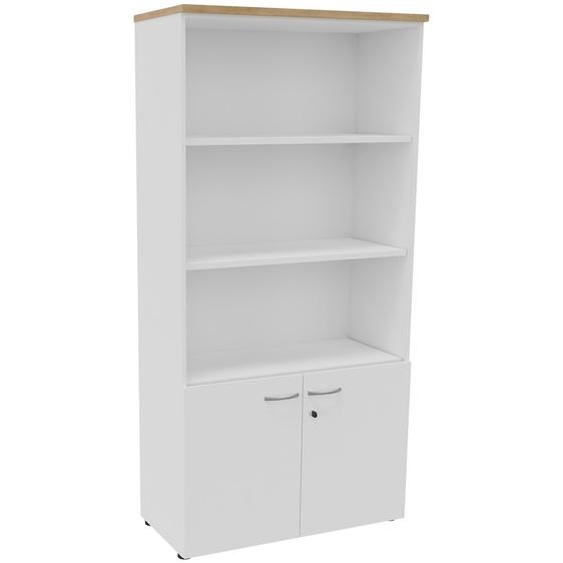 Bibliothèque haute 2 portes basses L.100 x P.48 x H.203 cm - Corps Blanc - Top Chêne Nebraska