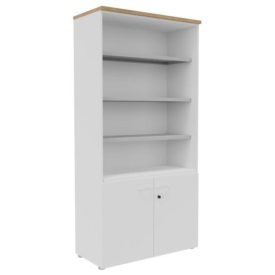 Bibliothèque haute 2 portes basses L.100 x P.48 x H.203 cm - Corps Blanc - Top Chêne Nebraska