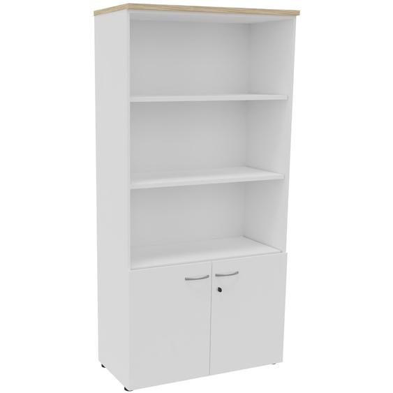 Bibliothèque haute 2 portes basses L.100 x P.48 x H.203 cm - Corps Blanc - Top Chêne