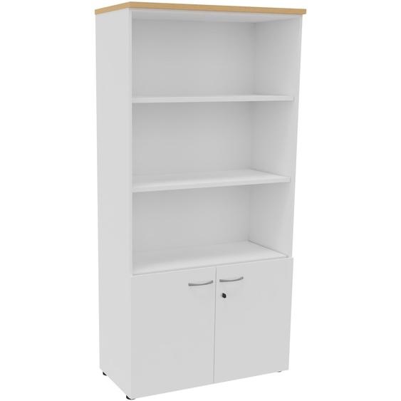 Bibliothèque haute 2 portes basses L.100 x P.48 x H.203 cm - Corps Blanc - Top Hêtre