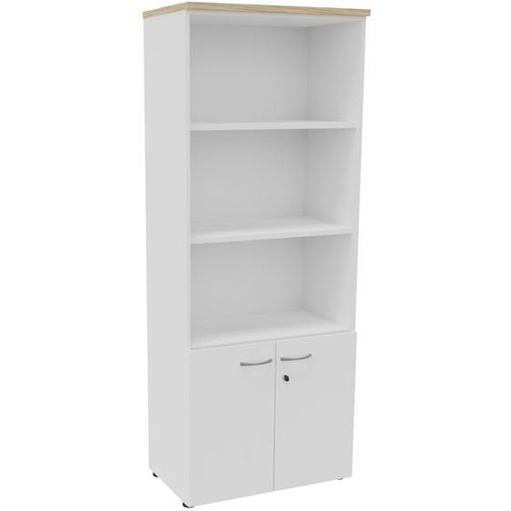 Bibliothèque haute 2 portes basses L.80 x P.48 x H.201 cm - Corps Blanc - Top Chêne
